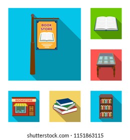 Library and bookstore flat icons in set collection for design. Books and furnishings vector symbol stock web illustration.