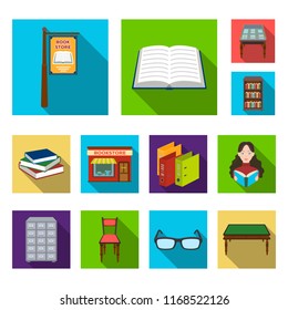 Library and bookstore flat icons in set collection for design. Books and furnishings vector symbol stock web illustration.