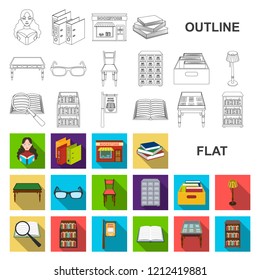 Library and bookstore flat icons in set collection for design. Books and furnishings vector symbol stock web illustration.