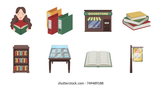 Library and bookstore icons in set collection for design. Books and furnishings vector symbol stock web illustration.