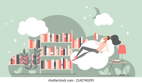 Library, bookstore and learning student. Tiny person reading open paper book, academical information research and expand with literature flat vector illustration. Intelligence, knowledge concept