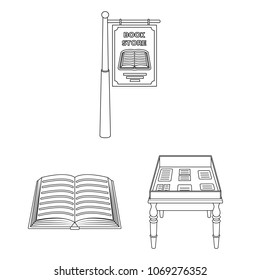 Library and bookstore outline icons in set collection for design. Books and furnishings vector symbol stock web illustration.