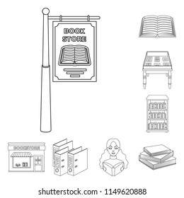 Library and bookstore outline icons in set collection for design. Books and furnishings vector symbol stock web illustration.