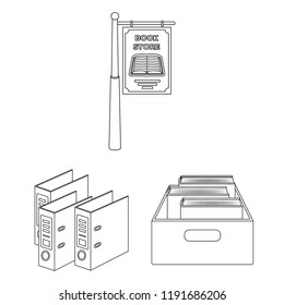 Library and bookstore outline icons in set collection for design. Books and furnishings vector symbol stock web illustration.