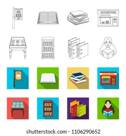Library and bookstore outline,flat icons in set collection for design. Books and furnishings vector symbol stock web illustration.