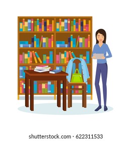 Library and bookstore with people. Girl with books and a tablet is engaged in the library, picks up the necessary material. People reading choosing books.