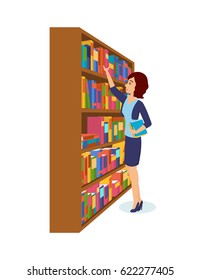 Library and bookstore with people. The girl is take books in the library, choosing the necessary ones. Modern vector illustration isolated in cartoon style.