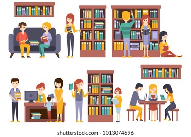 Bibliothek und Buchhandlung mit Personen, die Bücher auswählen
