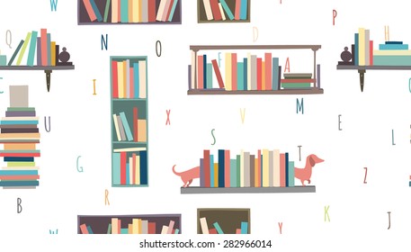 Library, bookstore - Seamless pattern with books on bookshelves.