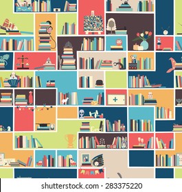 Library, bookstore - Seamless pattern with books on bookshelves.