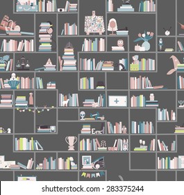 Library, bookstore - Seamless pattern with books on bookshelves.