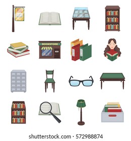 Library and bookstore set icons in cartoon style. Big collection of library and bookstore vector symbol stock illustration