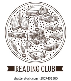 Library or bookstore shop, reading club emblem with textbooks and literature, old vintage design of label or logotype. Feather with ink and pages, monochrome sketch outline. Vector in flat style
