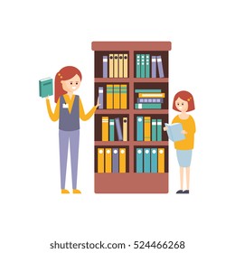 Library Or Bookstore With With Two Girls Choosing Books On Bookshelf