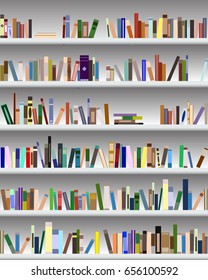 Library, bookstore. Vector flat illustration. Books on wooden bookshelf.
