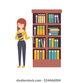 Library Or Bookstore With Young Woman Choosing A Book To Read