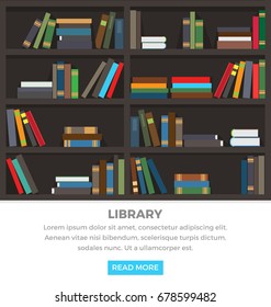 Library brown shelves with standing and lying books and text below. Vector web illustration of main source of written information held on pages in colourful hardcover collection on dark rack