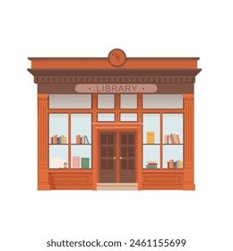 Library building cartoon vector illustration. Modern bookstore facade. Front view of entrance in school or college book house. Bookshelf with books in window. Public urban infrastructure infographics.