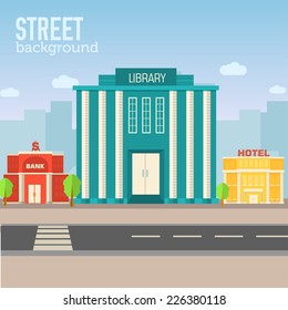 library building in city space with road on flat syle background concept. Vector illustration design