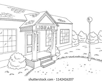 Library building exterior graphic black white sketch illustration vector