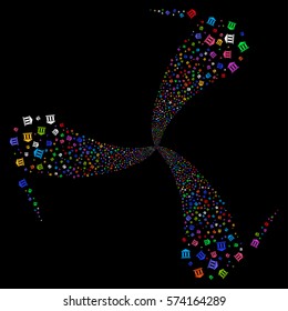 Library Building fireworks swirl rotation. Vector illustration style is flat bright multicolored iconic symbols on a black background. Object whirlpool done from random pictographs.