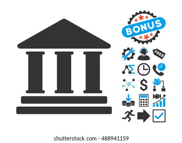 Library Building icon with bonus elements. Vector illustration style is flat iconic bicolor symbols, blue and gray colors, white background.