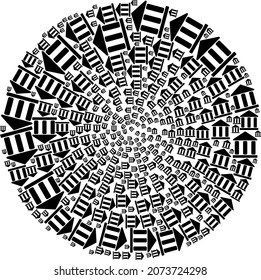 Library building icon curl round mosaic. Library building symbols are united into round cycle mosaic structure. Abstract round globula mosaic is organized from regular library building items.