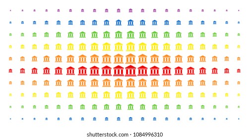 Library building icon spectral halftone pattern. Vector library building shapes are arranged into halftone matrix with vertical rainbow colors gradient. Designed for backgrounds, covers,