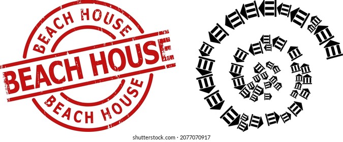 Library building icon spiral collage, and Beach House grunge stamp print. Library building symbols are united into spiral design concept. Red stamp includes Beach House tag inside round form.