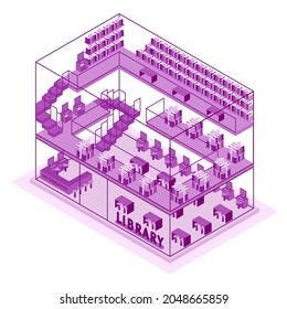 Library building. Isometric design. Three floors building with bookshelves, books, computer set, table and chairs and information counter.