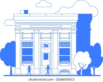 Library building line art illustration. One color blue outline graphic. City street landscape with people and trees. Old vintage architecture. Infographic with editable stroke.