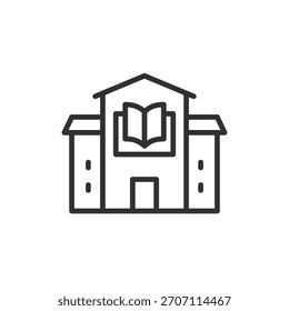 Edificio de Biblioteca, icono lineal. Centro público de lectura y conocimiento. Línea con trazo editable.