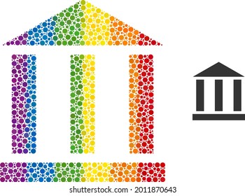 Icono de mosaico de construcción de biblioteca de puntos redondos en tamaños variables y tonos de colores de espectro. Edificio de una biblioteca de colores LGBT para lesbianas, gays, bisexuales y transgéneros.