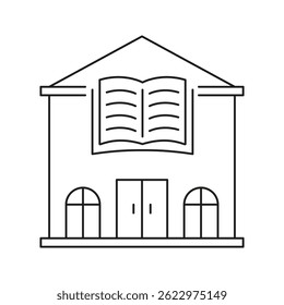 Library Building With Open Book Line Icon. Knowledge, Education, And Learning Center Outline Symbol. Academic Resource Facility. Editable Stroke. Isolated Vector Illustration.