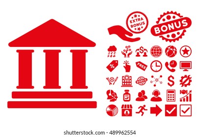 Library Building pictograph with bonus elements. Vector illustration style is flat iconic symbols, red color, white background.