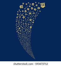 Library Building random fireworks stream. Vector illustration style is flat yellow iconic symbols on a blue background. Object fountain created from scattered icons.