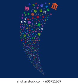 Library Building random fireworks stream. Vector illustration style is flat bright multicolored iconic symbols on a blue background. Object fountain created from scattered icons.