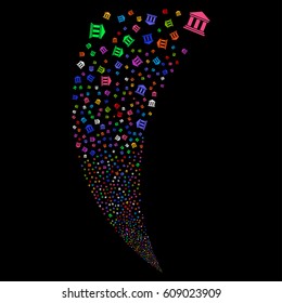 Library Building random fireworks stream. Vector illustration style is flat bright multicolored iconic symbols on a black background. Object fountain organized from scattered pictograms.