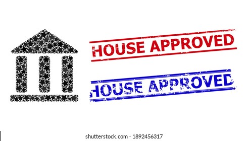 Library building star pattern and grunge House Approved seals. Red and blue seals with grunge surface and House Approved slogan.