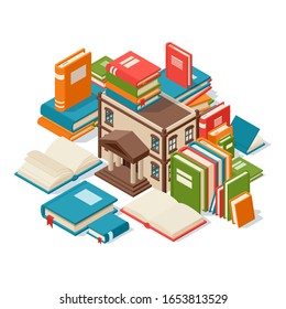 Library building surrounded by books, concept of reading and education, vector illustration. Piles of isometric books, banner for library, bookstore or university. Read literature, knowledge concept