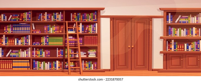 Library or cabinet. Beautiful interior of room, shelves and cabinets with lot of books. Knowledge and information. Education, learning and training metaphor. Cartoon flat vector illustration