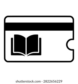 Library Card with Open Book and Magnetic Stripe, Black Vector Silhouette for University and Education Projects