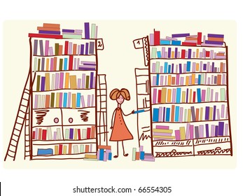 Library cartoon with child and many books