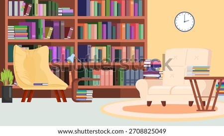 Library cartoon interior. Cozy chairs and bookshelf, books in piles. Cabinet room or bookstore reading area for customers, vector illustration