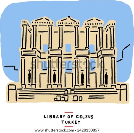 The Library of Celsus Ancient Roman building Historical landmark in Turkey Hand drawn Colour Illustration