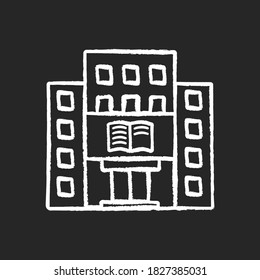 Library chalk white icon on black background. University, college library. Bookstore. Student life. Educational building front. Architecture. Isolated vector chalkboard illustration