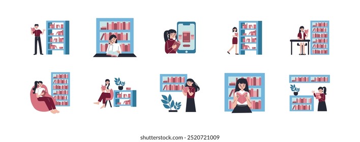 Library Character flat illustration set. Include of character, education, knowledge, and student. Vector illustration isolated transparent background