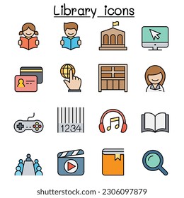 Conjunto de iconos de la línea de color de la biblioteca