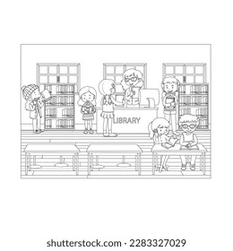 Library coloring stock illustration. Student reads book on library. reading in library.