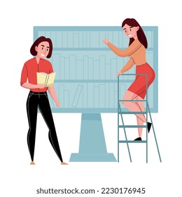 Composición de biblioteca con libros modernos que leen imágenes planas aisladas en la ilustración vectorial de fondo en blanco